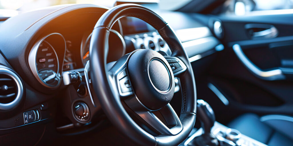 Direção assistida em veículo moderno com volante e painel automotivo